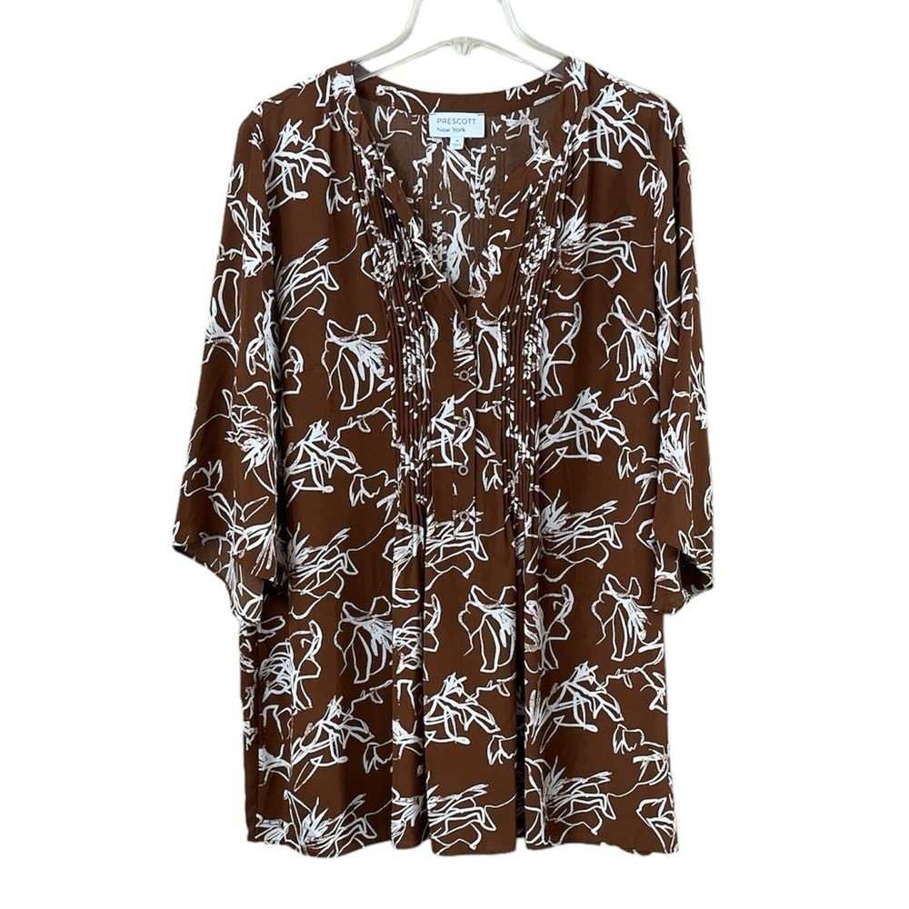 Prescott New York Pleaded V-neck Dress Flowing Fabric Wide 3/4 Sleeves Size 1X